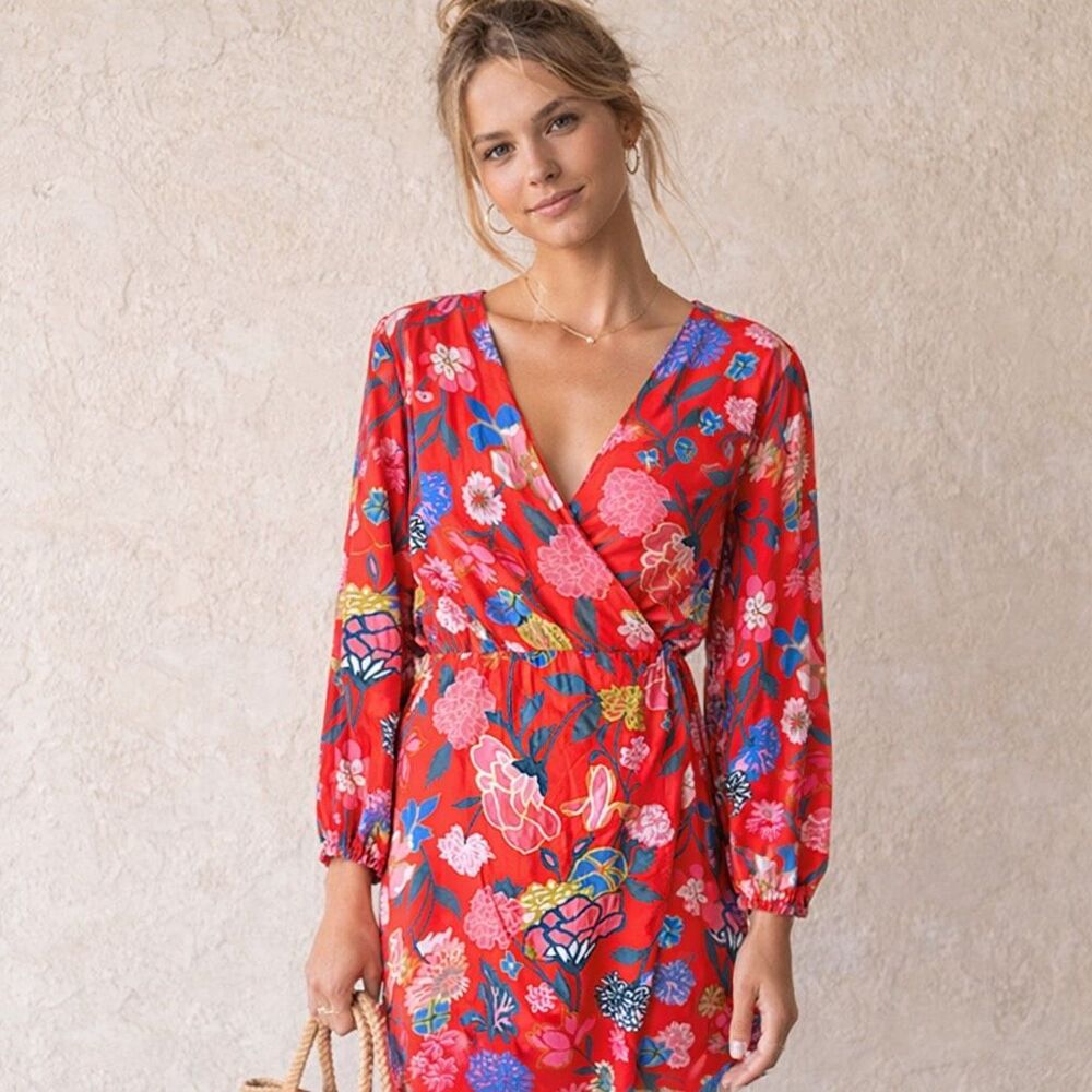 J.Crew Wrap Floral Dress Mini Red Women 6 Long Sleeve Boho Romantic
